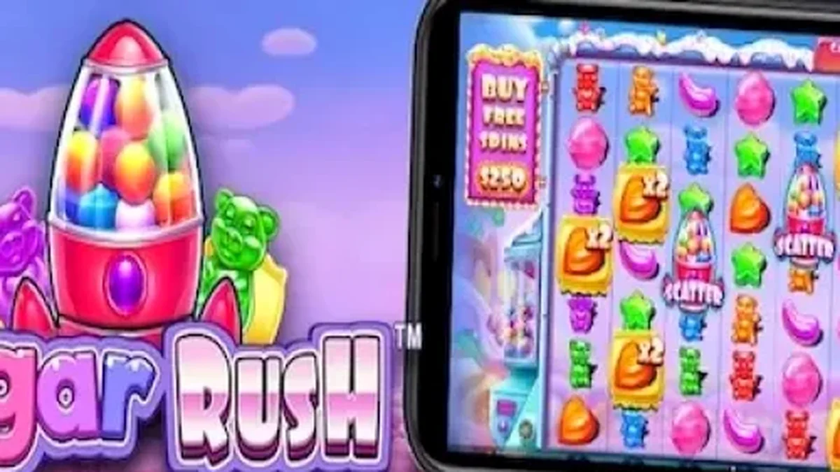 Interface colorida e vibrante do slot Sugar Rush com doces e guloseimas