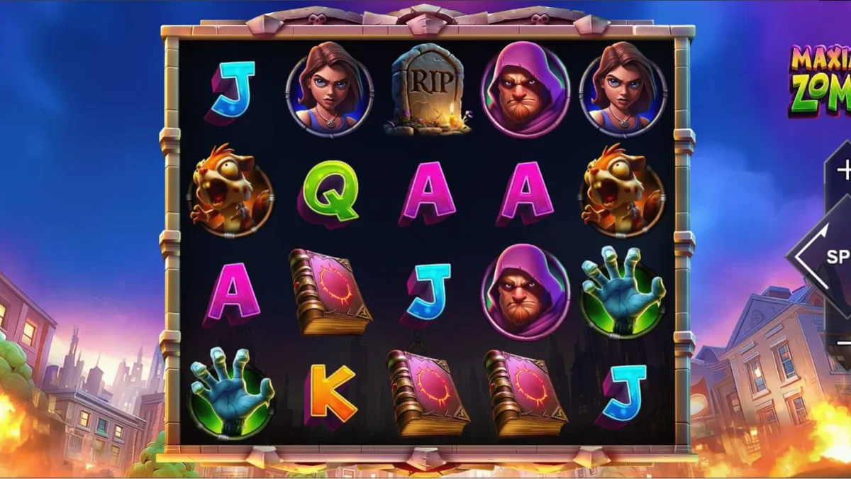 Captura de tela do slot Maximum Zombie, mostrando o personagem Zed com armas e zumbis carregando dinheiro em um cenário apocalíptico.